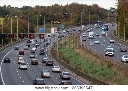 London, Uk - October 18, 2018: Evening Heavy Traffic On Busiest British Motorway M25