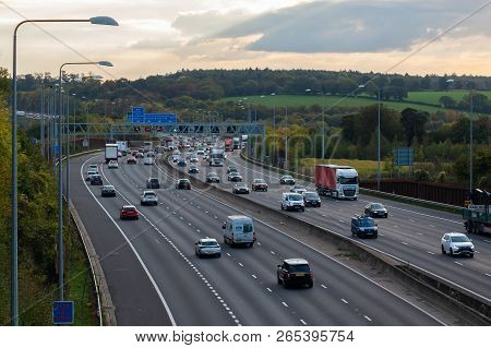 London, Uk - October 18, 2018: Evening Heavy Traffic On Busiest British Motorway M25