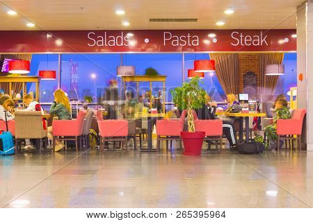 Boryspil, Ukraine - April 28, 2018: The People Resting At Cafe Departures Hall In International Airp