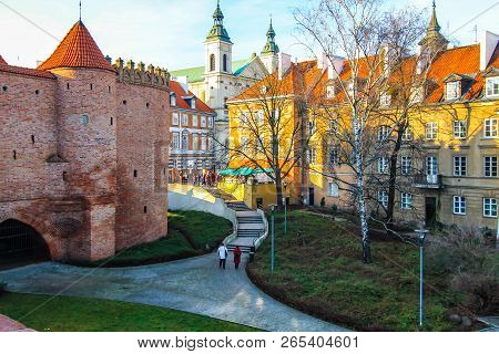 The Old Town And The Defensive Tower Barbakan In Warsaw Poland