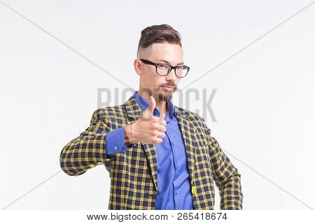 Expression And Gesture Concept - Handsome Man Showing With Thumb Up Over White Background
