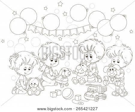 Small Children Playing Funny Soft Toys In Their Playroom, Black And White Vector Illustration In A C