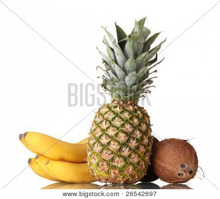 ? oconut, banan och ananas isolerad på vit