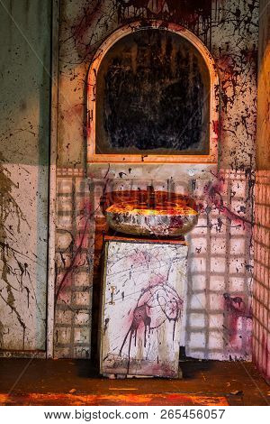 Bloody Bathroom Scene White Tile With Handprints And Gory Splashes