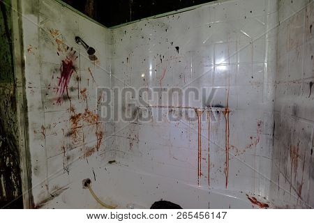 Bloody Gory Bathroom Shower Stall  With Handprints And Smears