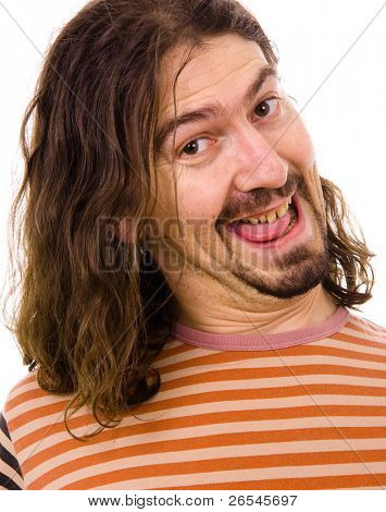 lukke op portræt af en sily mand, isoleret på hvid