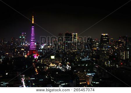 Aerial View Over Tokyo Tower And Tokyo Cityscape View From Tokyo World Trade Center At Night, Tokyo,
