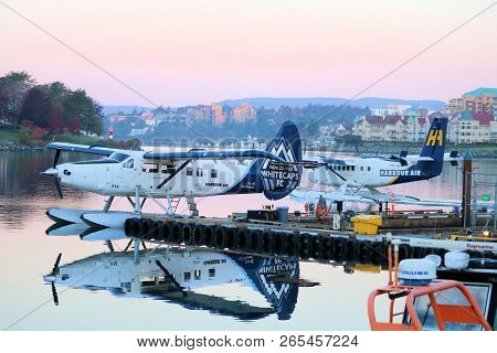 October 10, 2018 In Victoria, Bc:  Harbour Air Seaplanes Docked At The Terminal Docks Waiting To Dep