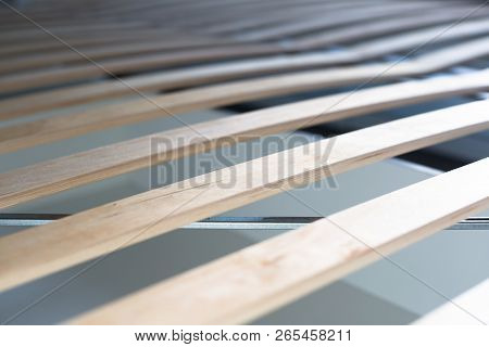Wooden Lamella Beds Close Up Comfort Sleeping Concept
