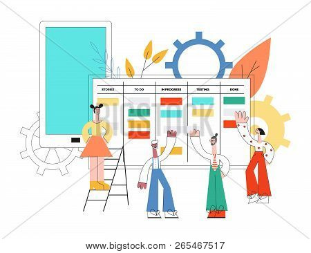 Vector Illustration Of Scrum Planning Technique Of Teamwork Concept.