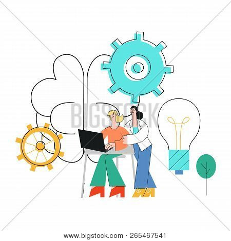 Vector Illustration Of Coworking Communication Concept With Business Women Working On And Discussing