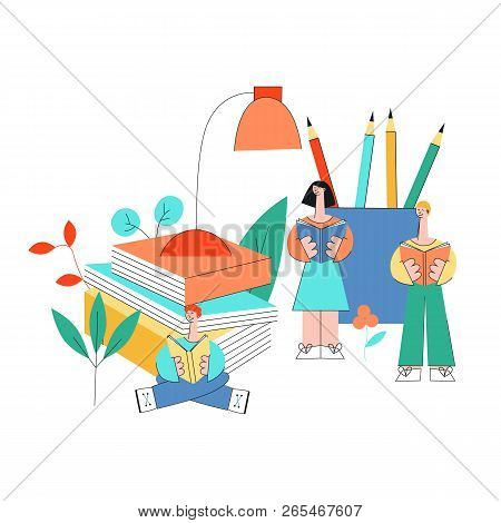 Education And Reading Vector Illustration With Little People Studying Surrounded By Big Office Suppl