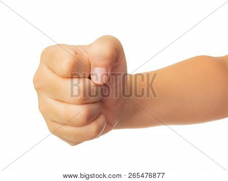 Human Hand In Fist, Punch Or Griping Gesture Isolate On White Background With Clipping Path, High Re