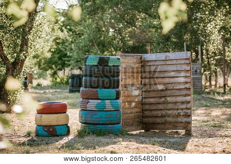 Lasertag Playground With Barricades Made Of Car Tires And Wooden Planks