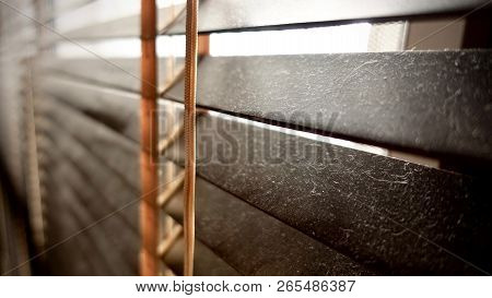 Dirty In Dust Spots Horizontal On Window Wooden Blinds Close-up. Not Good For Healthy, Should To Cle