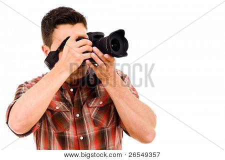 Young photographer with camera, isolated on white