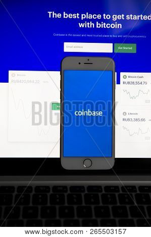 Tula, Russia - August 28, 2018: Coinbase - Buy Bitcoin And More, Secure Wallet Mobile App On The Dis
