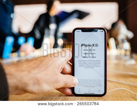 Paris, France - Oct 26, 2018: Latest Iphone Xr Smartphone In Apple Store Computers During The Launch