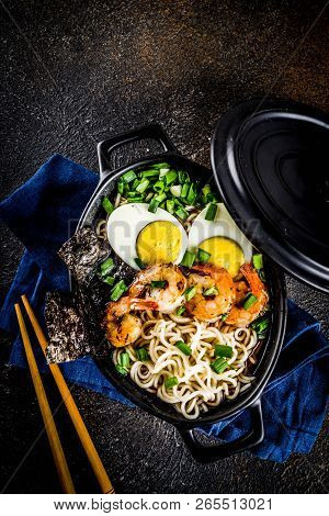 Traditional Asian Food, Ramen Soup With Shrimp, Noodles, Spring Onion, Sliced Eggs, Mushrooms, On Da