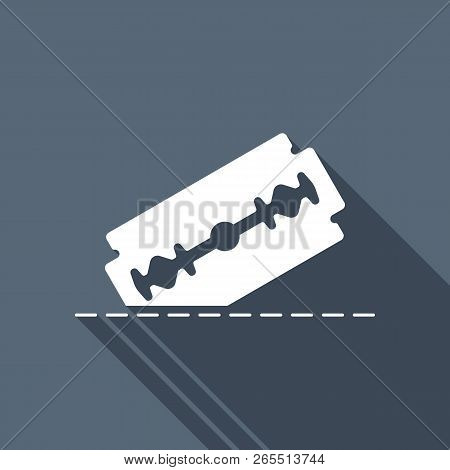 Razor Blade And Cutting Line. Simple Single Icon. White Flat Icon With Long Shadow On Background
