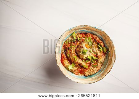 Babaganoush In A Plate On White Background. Plant Based Diet, Vegan Food Concept, Top View, Copy Spa