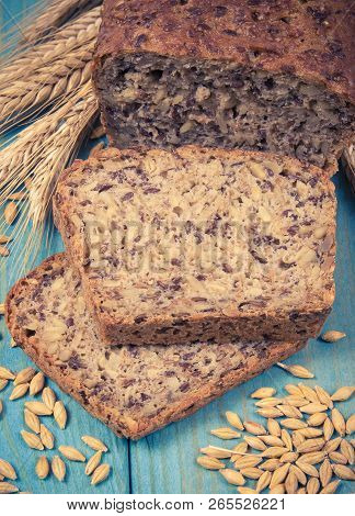 Multi-grain Bread On A Wooden Background. Healthy Food Concept.