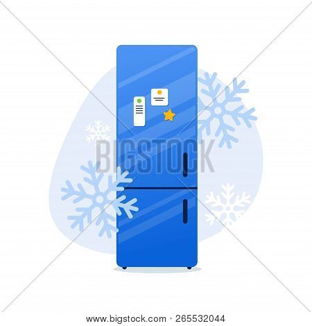 Fridge Home Kitchen Appliances With Snoflakes. Frosty Freshness Concept Freezer. Vector Illustration