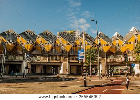 Rotterdam - April 29, 2017. Yellow Cube Houses In Rotterdam, Summer Daytime, Netherlands. Cube House