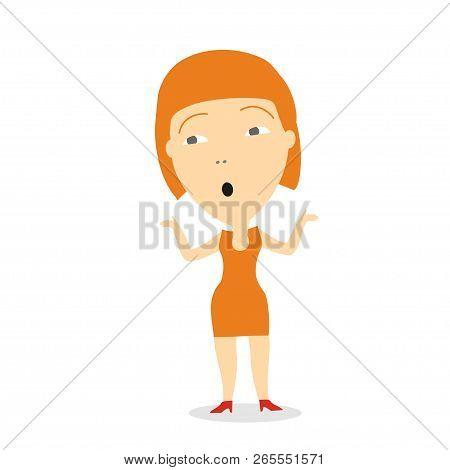 Surprised Woman In Orange Dress Raised Her Hands Up. Vector Illustration Concept.