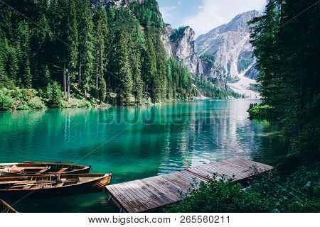 Beautiful View Of Lago Di Braies Or Pragser Wildsee, Trentino Alto Adidge, Dolomites Mountains, Ital