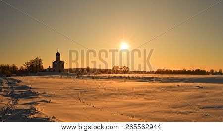 Russian Nature - Beautiful Winter Sunrise On The Landscape With Orthodox Church, Pokrov-town, Russia