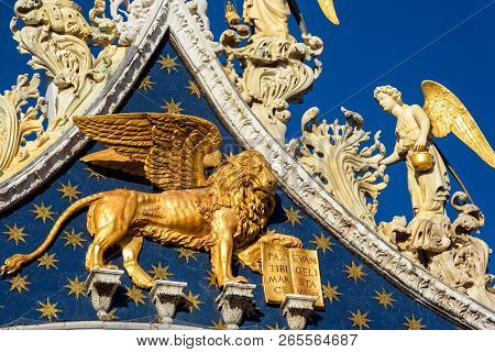Golden Lion And Angels On The Top Of St Mark's Basilica, Venice, Italy