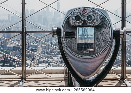 New York, Usa - May 29, 2018: Coin Operated Binoculars On The Observation Platform At Empire State B