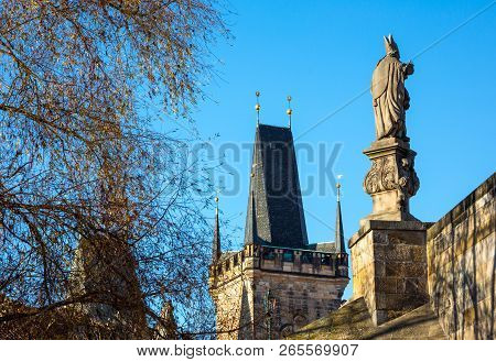 Prague, Czech Republic,  Towers And Statue Of The Charles Bridge On The Moldava River