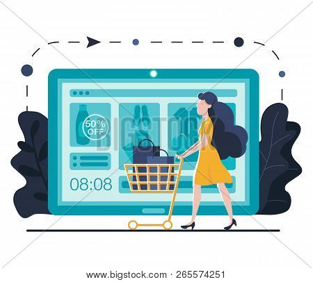Online Shopping Landing Page Template For Website Or Mobile. Young Woman With Trolley Buys Online. S