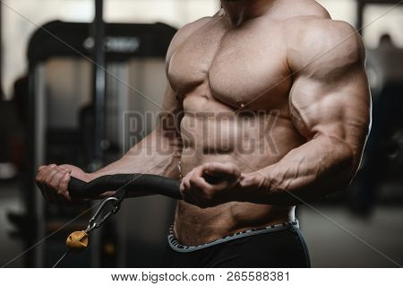 Brutal Strong Bodybuilder Athletic Men Pumping Up Muscles With Dumbbells