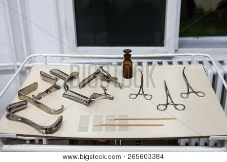 Old Gynecology And Obstetrics Tools, Instruments And Devices On Display In A Historic Hospital, Incl