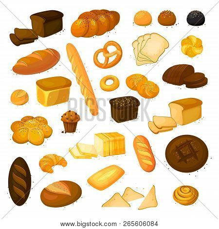 Set Vector Bread Icons. Vector Illustration Isolated On A White Background. Bakery Product In Cartoo