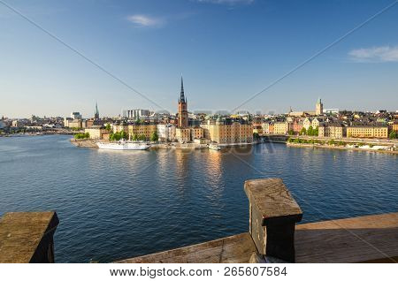 Aerial Panoramic Top View Of Riddarholmen District With Riddarholm Church And Typical Sweden Gothic 