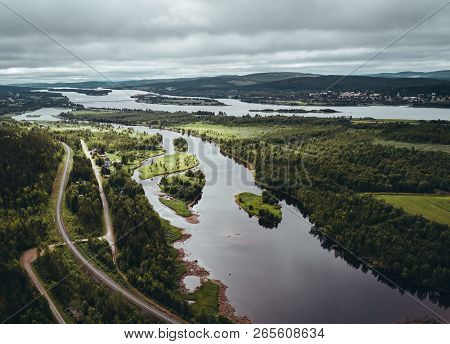 Landscape View From The Air Of River Separating Finland And Sweden And The Bridge Connecting The Two