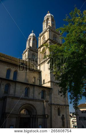 Grossmunster Church Building In Centre Of Zurich, Switzerland