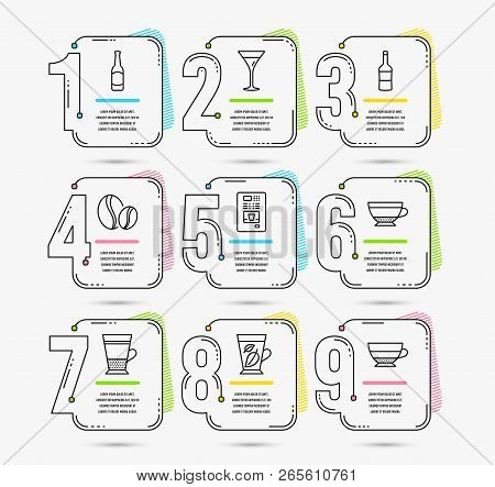 Infographic Timeline. Set Of Wine, Beer And Coffee Vending Icons. Coffee Beans, Martini Glass And Dr