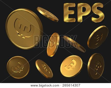 Set Of Golden Euro Coins. Realistic Vector Illustration.