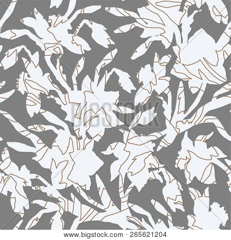 Monochrome Botanical Seamless Pattern With Silhouettes Hand Drawn Flowers Daffodils, Narcissus On Gr
