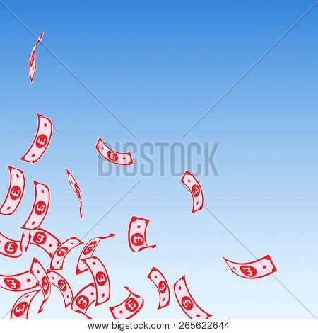 British Pound Notes Falling. Floating Gbp Bills On Blue Sky Background. United Kingdom Money. Awesom