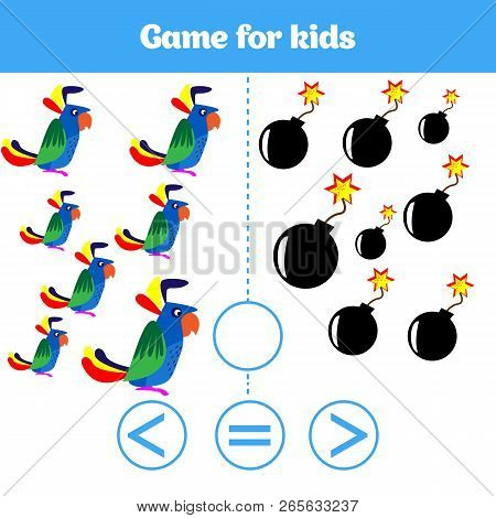 Education Logic Game For Preschool Kids. Choose The Correct Answer. More, Less Or Equal Vector Illus