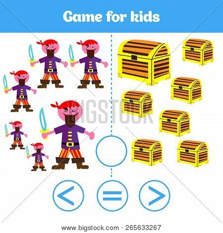 Education Logic Game For Preschool Kids. Choose The Correct Answer. More, Less Or Equal Vector Illus