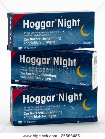 Huettenberg, Germany,19 July 2018: Hoggar Night Sleeping Pills On White Background.