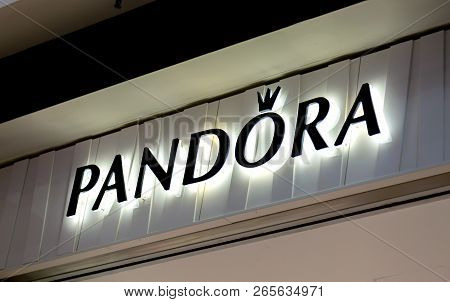 Wetzlar, Germany August 29 2017: Logo Of A Pandora On A Bag. Pandora Is A Company Founded At 1982 Th