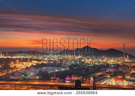 Refinery Plant In Early Evening Shining The Beautiful Light Near Lamchabang Port.